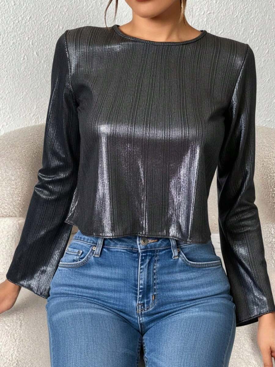 Top corto de punto canalé para mujer manga larga cuello redondo corte regular ideal para fiestas y uso diario elegante cómodo - Plateado - Ver 1