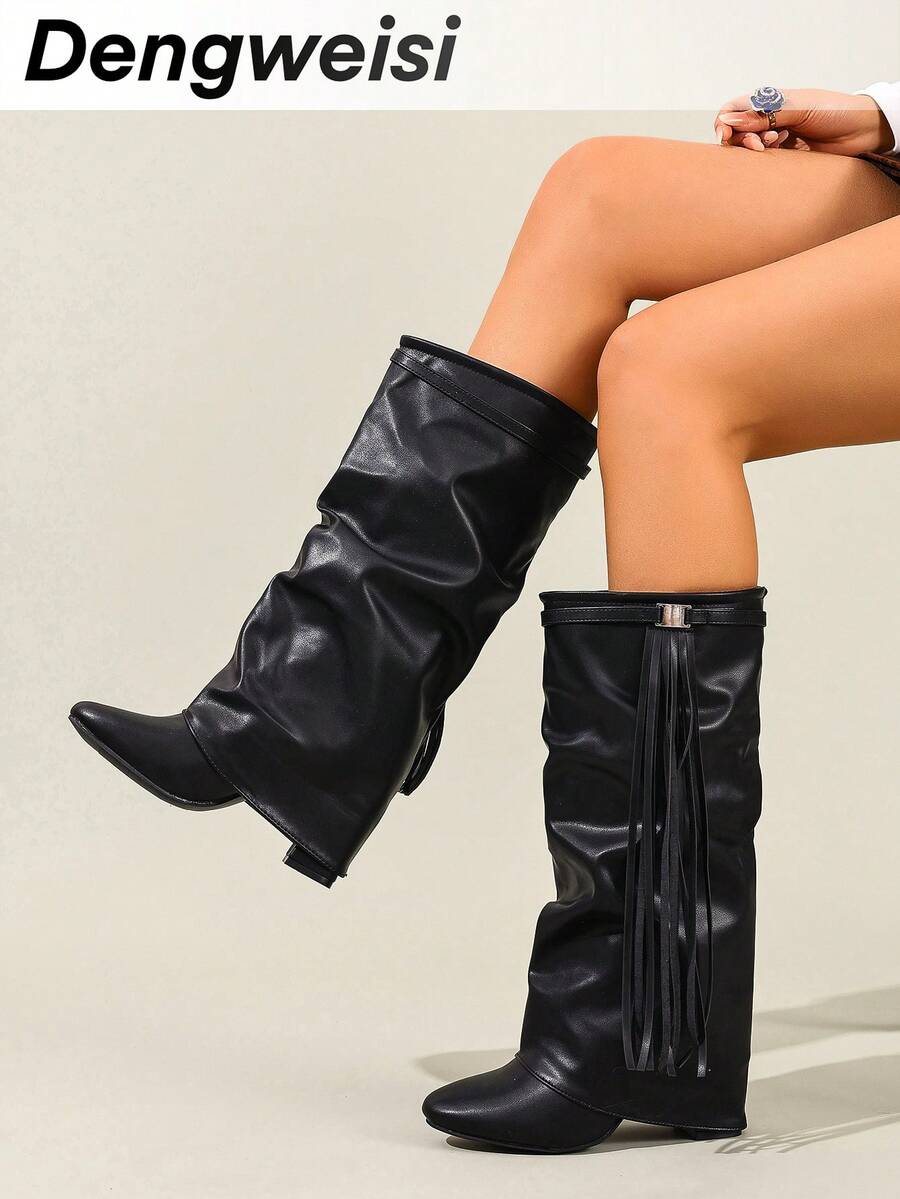 Herbst/Winter Schwarze Fransen Riemen Schnallen Dekor Schaft Stiefel, Rundkappe, Plateauabsatz, Schlupfstiefel, vielseitig, elegant, geeignet für Urlaub, Party, Musikfestival, modische Kniehohe Stiefel für Frauen - Schwarz - Übersicht 1