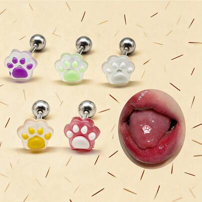 5个可爱猫爪UV变色舌钉，男女通用朋克风身体饰品，适合日常佩戴和派对，颜色随机