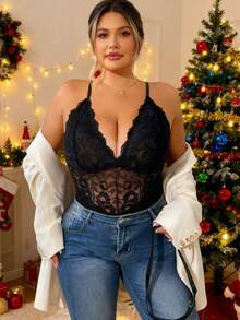 1pc Plus Size Women Lace Deep V Hollow Sexy Lingerie Jumpsuit