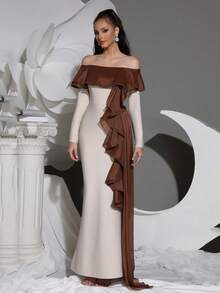 New Sexy Off-Shoulder Ruffle Trim Pleated Flowy Maxi Bodycon Dress, Women Formal Wedding Guest Party Evening Gown - Apricot - View 1