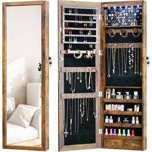 Full Length Mirror Jewelry Cabinet Organizer Lockable Door Wall - Mounted Jewelry Armoire With Shelves And Behind - Door Storage - White - 鄉村棕+47.3*14.6 - 查看 1