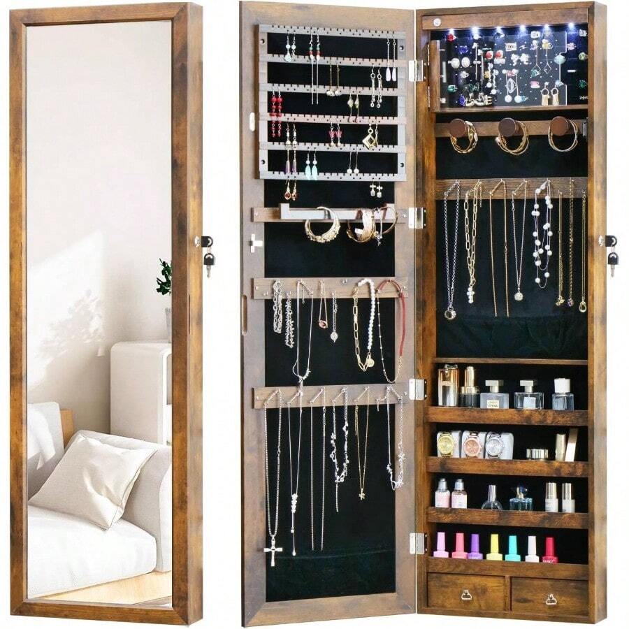 Full Length Mirror Jewelry Cabinet Organizer Lockable Door Wall - Mounted Jewelry Armoire With Shelves And Behind - Door Storage - White - 鄉村棕+47.3*14.6 - 查看 1