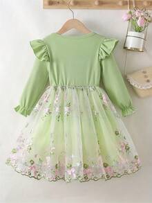 Girls' Floral Embroidery Mesh Dress, Casual Long Sleeve Round Neck Green Dress - Green - View 2