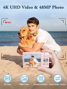 4800MP Digital Camera With Auto Focus, 4K Full HD Video, 16X Digital Zoom, Includes 32GB Memory Card, Portable Beginner Camera Suitable For Teenagers, Novices And Adults - Pink - View 3