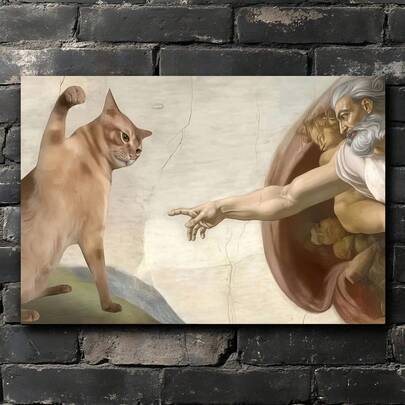 Impresión artística en lienzo sin marco del Gato de Miguel Ángel - 60 x 40 cm, decoración de pared impermeable para sala de estar, dormitorio, oficina, comedor, bar - Un giro caprichoso de la pintura clásica