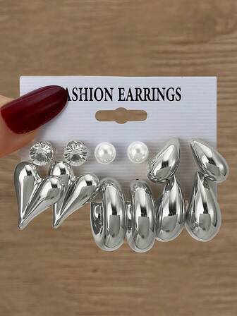 12 Parça Avrupa ve Amerikan Modası Kişiselleştirilmiş Metal Kalp Zirkonyum Sahte İnci Asimetrik C Şeklinde Su Damlası Küpe Seti, Günlük Kullanım İçin Zarif ve Üst Düzey Takı Tasarımı