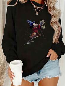Disney Authorized Plus Size Women Crewneck Sweatshirt Mickey Mouse Sorcerer Print Long Sleeve Loose Fit Comfortable Autumn Winter Pullover Sweater Essential Casual Outfit For Daily Wear - 黑色 - 查看 1