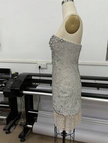 Heavy Craft Sparkling Starry Sky Full Diamond Sexy V-Neck Strapless Dress High-End Luxury Party Performance Gown - Bạc - Xem 4