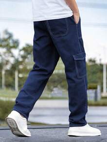 1pc Teen Boy Retro Casual Avant-Garde Minimalist Denim Effect Pocket Cargo Pants, Suitable For Spring, Summer, Autumn & Winter - Blue - View 3