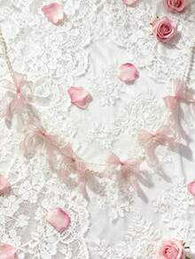 1Pc Pink Pearl Ribbon Garland, Sheer Bow Hanging Decoration For Spring, Wedding, Baby Shower, Mother's Day, Romantic Home Decor Room Decors Garden Decor Wedding Decor Home Decors - Multicolor - View 4