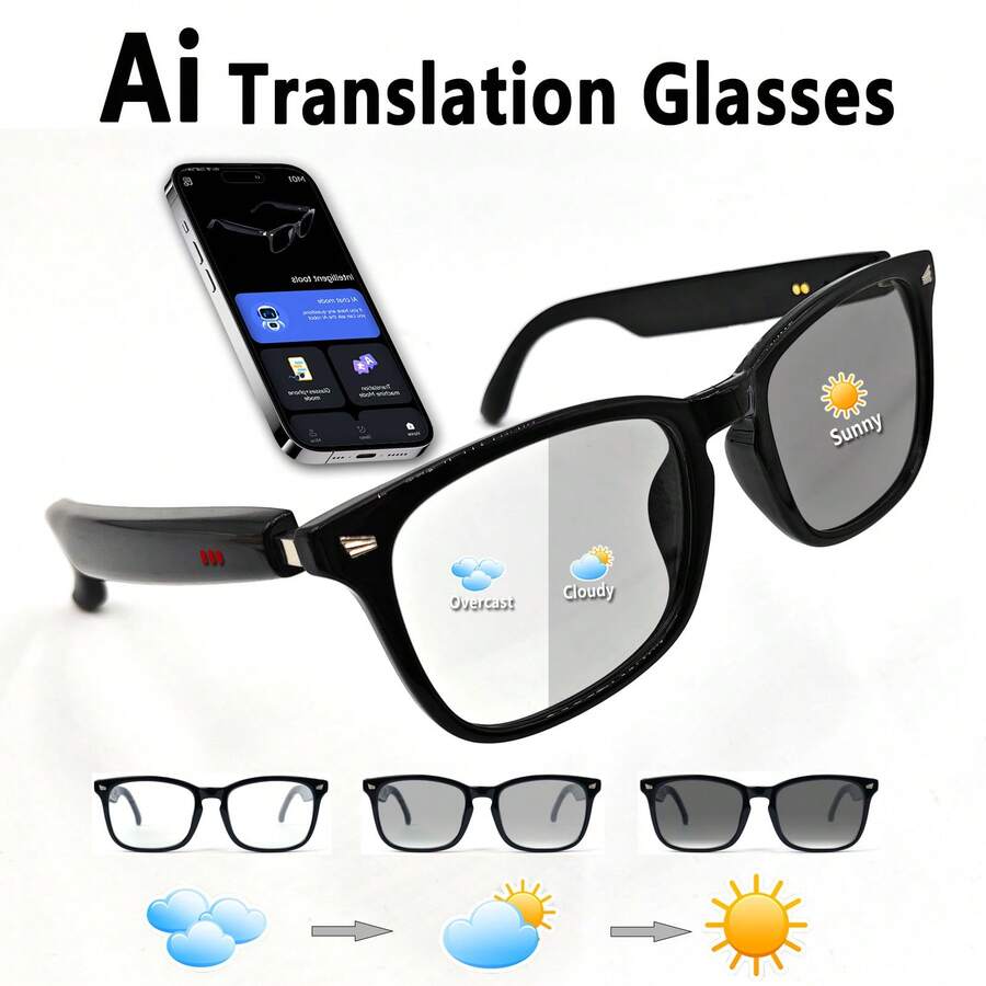 AI Voice Translation Glasses With Photochromic Lenses, Real-Time Translation Between 160+ Languages, Stylish Audio Glasses With Built-In Microphone And Speaker For Listening To Music And Answering Calls, Touch Control And Voice Assistant Support, Call Noise Reduction Technology, Magnetic Charging, Suitable For Sports, Music, Work, And Travel - The Ideal Holiday Gift For Men And Women. - CK03黑 - 查看 1