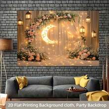 2D Polyester Ramadan Banner 1pc Romantic Moon - Themed Flower Arch With Fairy Lights And Lanterns Eid Al-Fitr Photo Props And Supplies, Suitable For Muslim Ramadan And Eid Al-Adha Celebrations, Islamic-Themed Holiday Decorations - 1pcs - View 3