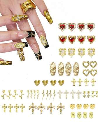 64 piezas Juego de decoraciones de uñas doradas con rhinestones y gemas, rosas, corazones, cruces y Virgen María - Decoraciones de uñas 3D brillantes de estilo Y2K, accesorios de joyería
