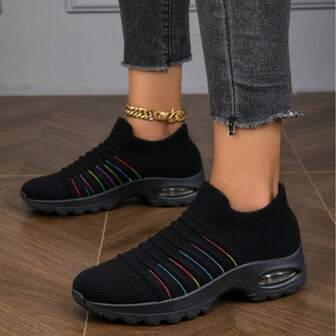 Zapatos deportivos casuales clásicos negros de mujer con diseño deslizante, zapatillas de baile con cojín de aire de punto