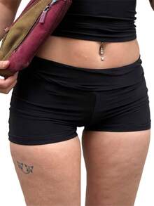 Womens Fold Over Shorts Elastic Waist Lounge Shorts Foldover Cute Pajama Micro Bottoms Mini Shorts - 黑色 - 查看 6