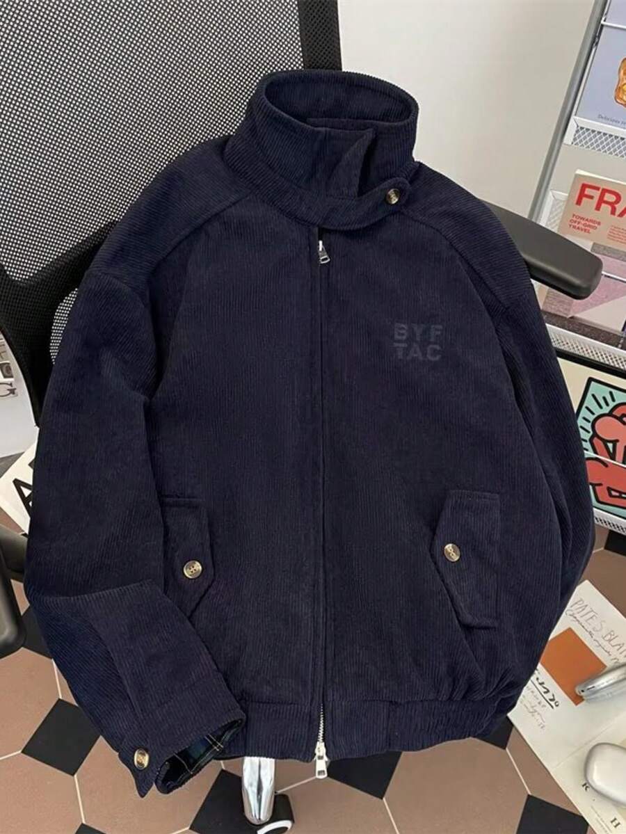 Yellow Corduroy Letter Embroidered Jacket Men's And Women's American Retro Autumn And Winter Versatile Workwear Lapel Jacket - 藍色 - 查看 1