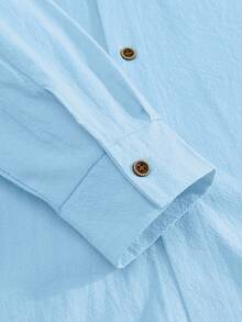 Men's Solid Color Linen Button-Up Long Sleeve Mandarin Collar Shirt And Pants, Vacation Casual Husband 2-Piece Set - 淺藍色 - 查看 7