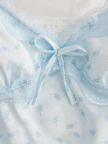 女士性感蕾丝吊带睡裙套装，花卉印花，性感家居服风格，蕾丝边文胸，蝴蝶结装饰。性感内衣