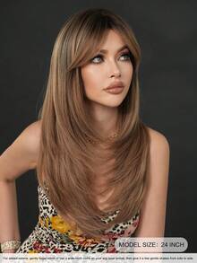 7JHH WIGS 优雅的24英寸沙棕色渐变假发，女士款 - 时尚简约的长款层次假发，带刘海，深色发根，耐热全机织合成纤维假发，适合日常佩戴、派对、情人节礼物，假发配件 - 漸層棕色 - 查看 5