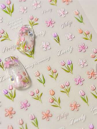 1pc Embossed Tulip Romantic Garden Blooming Petals Colorful Flowers 5D Nail Art Stickers Textured Floral Fantasy Manicure Decals For Women Enchanted Spring Nail Stickers For Long Short Nails Self Adhesive Decoration