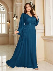 XUIBOL 高品质弹力优雅雪纺花卉拼接超修身大码V领晚礼服，适合约会、婚礼、派对、生日、周年纪念、鸡尾酒会、正式晚宴、婚礼宾客、单身派对、度假、夏秋季等场合。 - 水鴨藍 - 查看 11