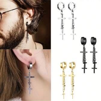 2pcs Stainless Steel Punk Cross Earrings, Bold Cross Pendant, Polished Surface, Unisex Earrings For Daily Wear And Halloween Party, Gothic All Year Round