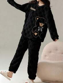 Cute Striped Pajamas , Bear Pattern Comfortable Wool Flannel Fleece Thick Warm Pajama Set , Women's Polyester Sleepwear Top And Pants, Suitable For New Year , Long Sleeve Round Neck Top & Pants Homewear 2-Pieces Set, Cozy Winter Clothes, Fluffy - 黑色 - 查看 3