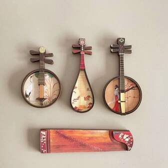 1 pieza/Set de 4 piezas Conjunto de instrumentos tradicionales chinos - Pipa de madera y imanes de nevera con forma de cometa, artesanías para pegar en la nevera y en metal