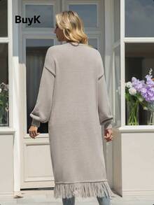 BuyK [Top]Vintage Bohemian Style Knitted Long Cardigan, Loose Drop Shoulder, Front Tie Closure, Reversible, Tassel Hem, Neutral Gray-Brown Fall - Grey - View 2