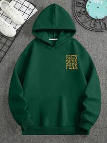 青少年男童休闲简约黄色字母印花长袖卫衣，适合秋冬季学生穿着 - 墨綠色 - 查看 4