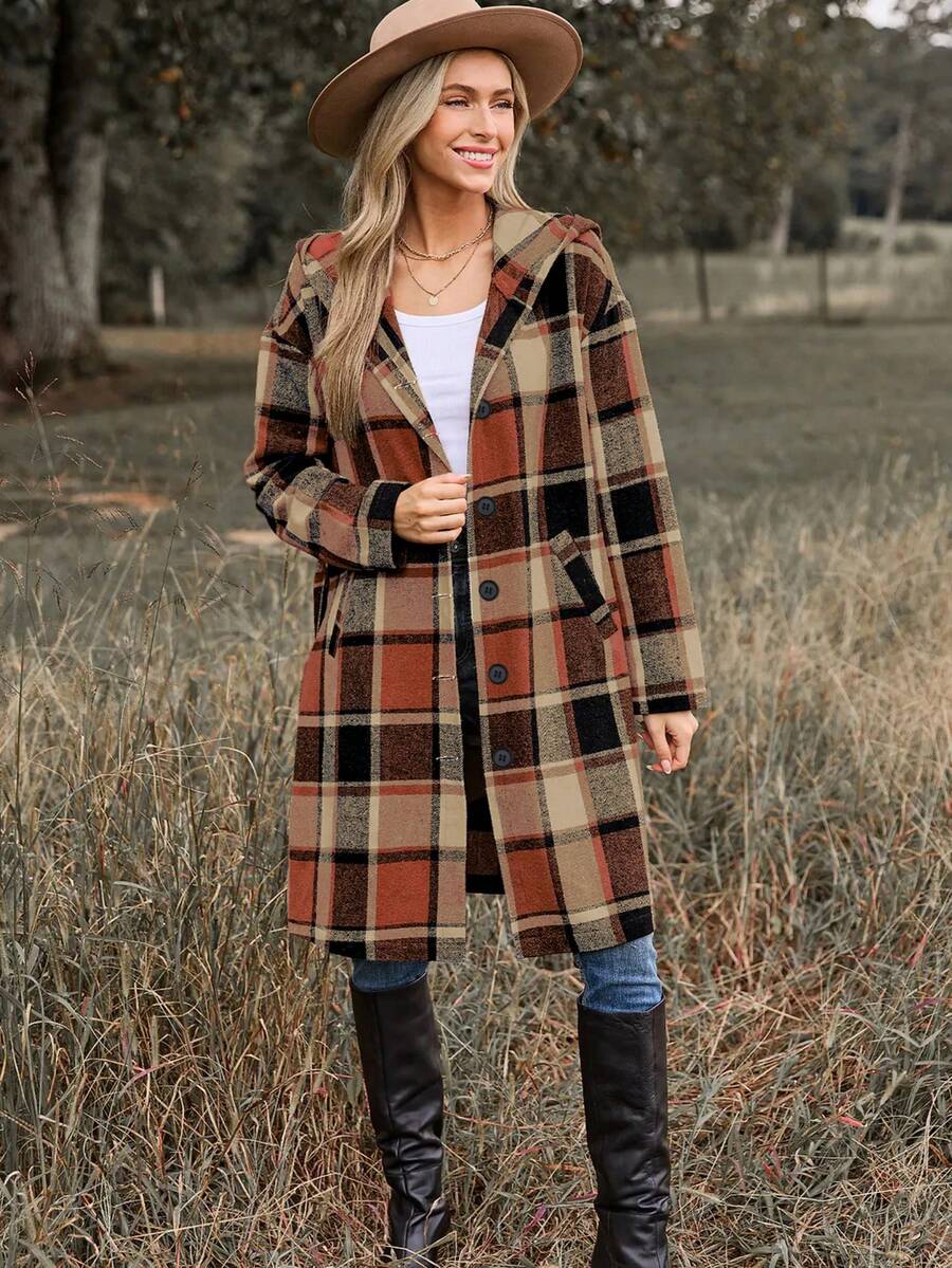 Chaqueta informal de mujer con capucha, de mezcla de lana y franela a cuadros, corte holgado, manga larga y largo medio, apta para todas las estaciones. - Naranja - Ver 1