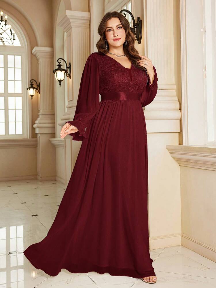 XUIBOL High Quality Stretchy Elegant Chiffon Floral Patchwork Super Fitted Plus Size V-Neck Evening Dress, Suitable For Date Night, Wedding, Party, Birthday, Anniversary, Cocktail, Formal Gala, Wedding Guest, Singles Party, Holiday, Summer/Autumn - Burgundy - View 11