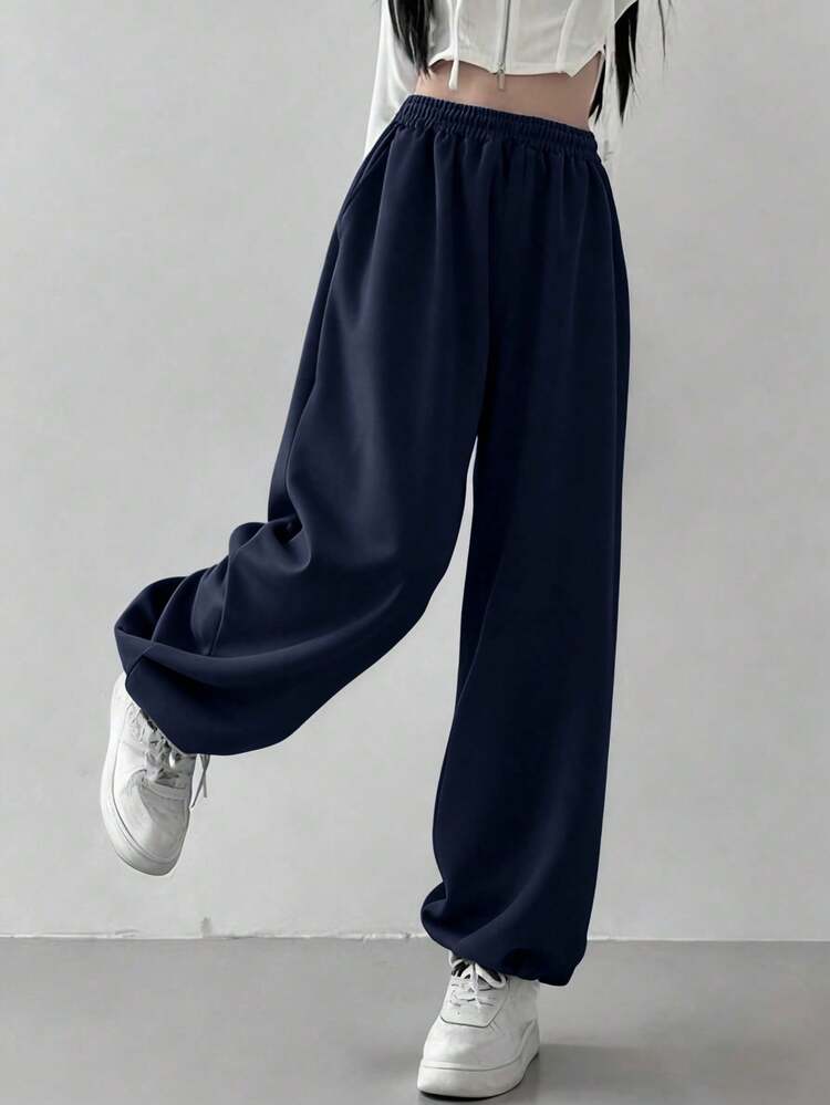 1件装少女时尚纯色休闲运动慢跑裤，秋冬季 - 藏蓝色 - 查看 1