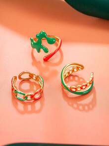 3pcs Stainless Steel Women's Christmas Ring Set, Includes Leaf & Line Design Elements, Suitable For Daily Wear, Holidays, Dates, Engagements, Weddings, Adjustable - Gold - View 2