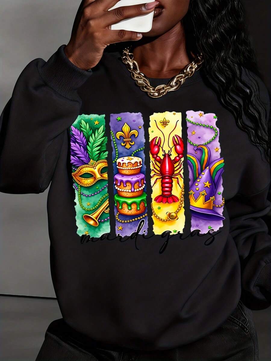 Mardi Gras Festival Sweatshirt With Colorful Mask Cake Crawfish And Crown Design For Women And Men Celebrate New Orleans Party Wear - 黑色 - 查看 1