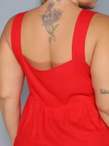 Plus Size Linen Short Dress With Button And Pocket, New Model. - Red - View 8