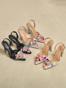 女士高跟尖头水晶亮片网纱套脚派对鞋 - 淺灰色 - 查看 8