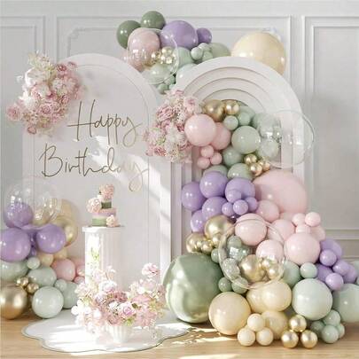 132 قطعة طقم قوس البالونات باللون الأخضر الحكيم والبنفسجي والوردي، بالونات باللون الأخضر الحكيم والوردي الفاتح والأخضر والبنفسجي والأصفر والذهبي والشفاف لديكور حفل استحمام الطفل البرية وحفل الزفاف وعيد الميلاد