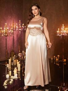 UNITHORSE Plus Size Women's Round Neck Batwing Sleeve Belted Long Luxury Beaded Lace Embroidered Robe Two Pieces Turkish Abaya Dress Spring - Champagne - View 6