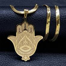 Hamsa Fatima's Hand Turkish Eye Lotus Stainless Steel Necklace For Women Men Gold Color Egypt Amulet Islam Chain Arabic Jewelry - Necklace - View 10