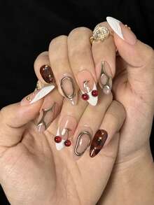 10pcs Almond Handmade Press-On Nails, White French Fingertips, Brown Hand-Painted Amber Pattern, 3D And Cherry Decoration, Elegant And Cute Handmade False Nails, Suitable For Girls And Women's Daily, New Year, Valentine's Day Nail Decoration - Multicolor - View 7