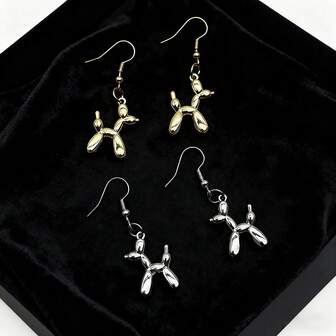 1件艺术气球狗造型金属吊坠耳环，金属耳环，独特3D动物耳环，复古金属风时尚配饰，适合派对和庆典，女士珠宝礼物
