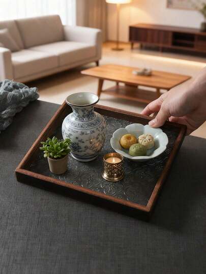 1PC Vintage Wooden Begonia Glass Walnut Color Snack Storage Box Cloisonne Tea Tray Dry Fruit Dessert Home Serving Tray Decor Plate For Kitchen Dining Living Room Tea House Afternoon Tea Set