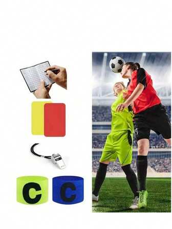 5-delars fotbollsdomarkit, metallvissla, röda/gula kort och kaptensbindel