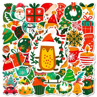 50pcs/Set Christmas Element Party Stickers, Cartoon Christmas Element Stickers, Colorful Cartoon Design, Suitable For Luggage DIY/Backpack Decoration/Snowboard Customization/Travel Souvenir