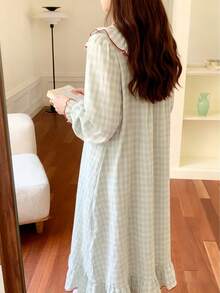 1 件女士甜美可爱性感格子印花长袖睡裙，休闲排队服，情人节，春秋冬，娃娃领，灯笼袖睡衣家居服套装，秋季