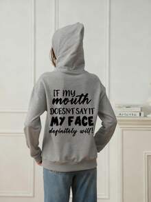 Women's Fashionable Autumn/Winter Hooded Pullover Sweatshirt, Soft & Comfortable Thermal Lined Casual Top. Women's Leisure Thermal Lined Sweatshirt With Collegiate Style Graphic Print, Radiating Youthful Vitality. Suitable For Running, Lounging, Gatherings, Parties, Etc. Provides Warmth In Autumn/Winter, Suitable For Activities Like Running And Exercising. Oversized Thick Hooded Sweatshirt For Women, Fits Street Style And Outdoor Wear, Suitable For Autumn/Winter. - Grey - View 2