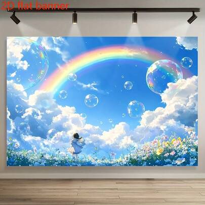 Banner phẳng 2D 1 Cầu vồng rực rỡ và nền chụp ảnh bong bóng đầy màu sắc với khung cảnh bầu trời độc đáo, cô gái với những đám mây mơ màng, cánh đồng hoa và chiếc váy xanh hoàn hảo cho nhiếp ảnh tiệc sinh nhật