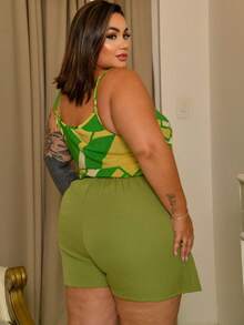 Tailored Short Skirt With Elastic Waistband, Plus Size - Olive Green - View 3